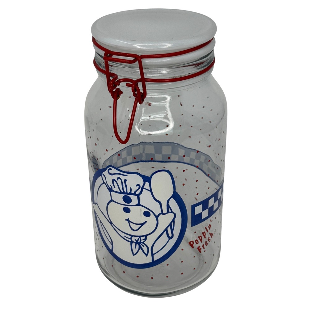 Pillsbury Doughboy Glass Jar Clamp‎ Lid Poppin Fresh Cookie Canister 10" USA